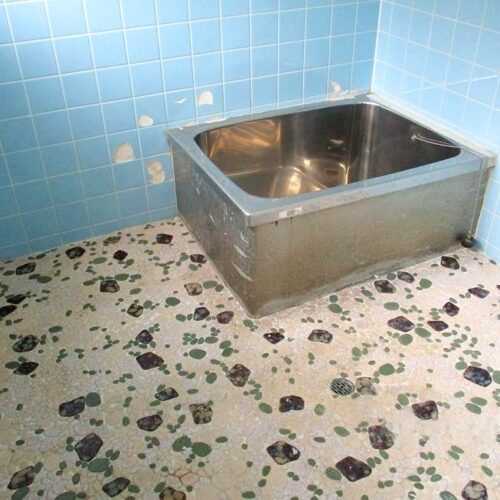 兵庫県佐用町の物件の風呂場は、タイルがはがれ、ステンレス浴槽に傷もあるので改修したい。