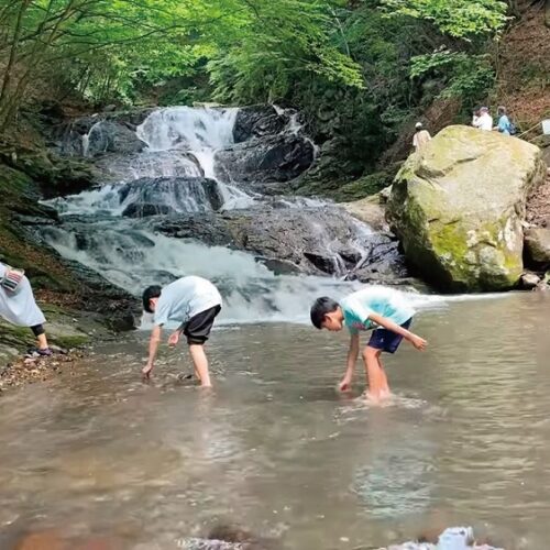 夏でも渓流の水は冷たいけれど、子供も大人も水遊びに夢中になる。