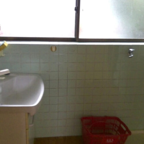 鹿児島県肝付町の物件。蛇口シャワー付きの洗面台と洗濯機置場がある脱衣所。ここからバスルームとトイレにつながっている。