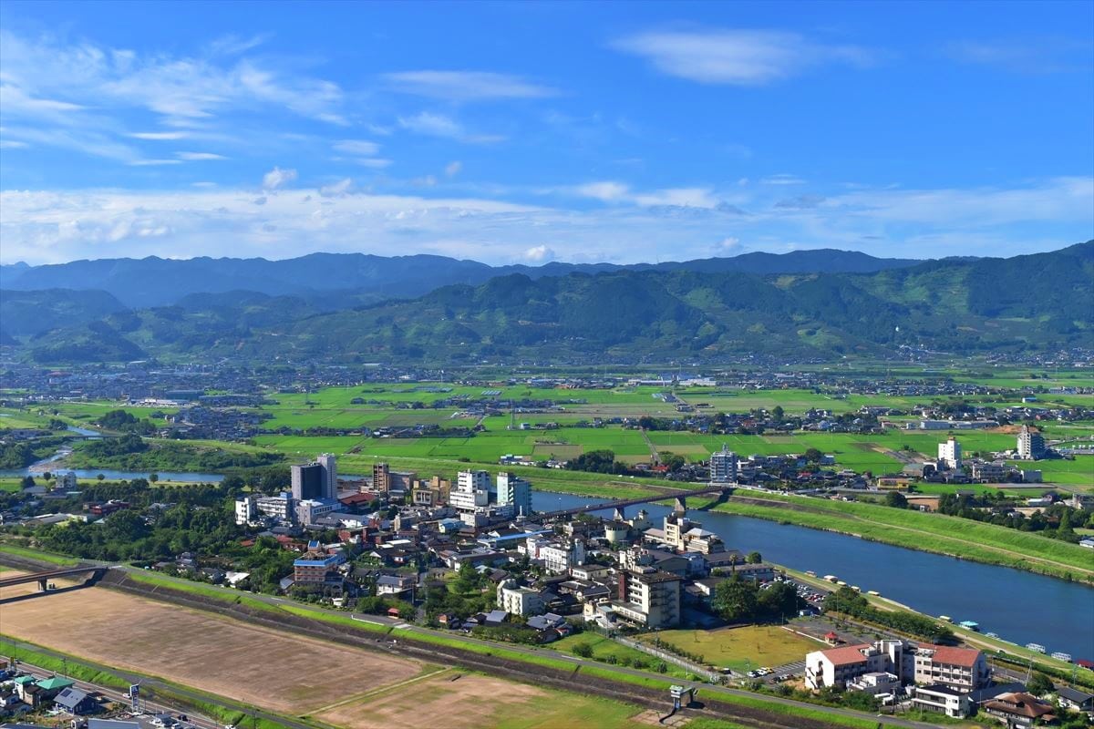 福岡県朝倉市の原鶴温泉街の上空風景
