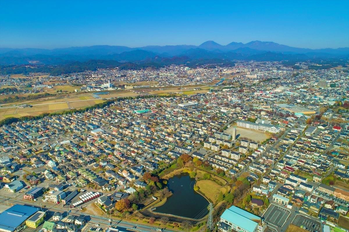 栃木県鹿沼市の上空から見た市街地