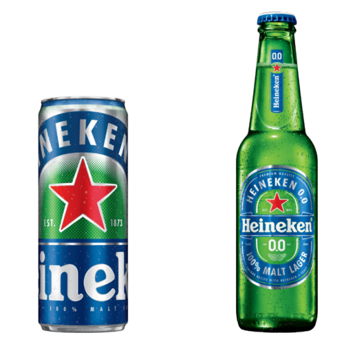 鮮やかなブルーのパッケージカラーが特徴的な「Heineken 0.0」330mlスリーク缶、330mlロングネックびん（ともにオープン価格）