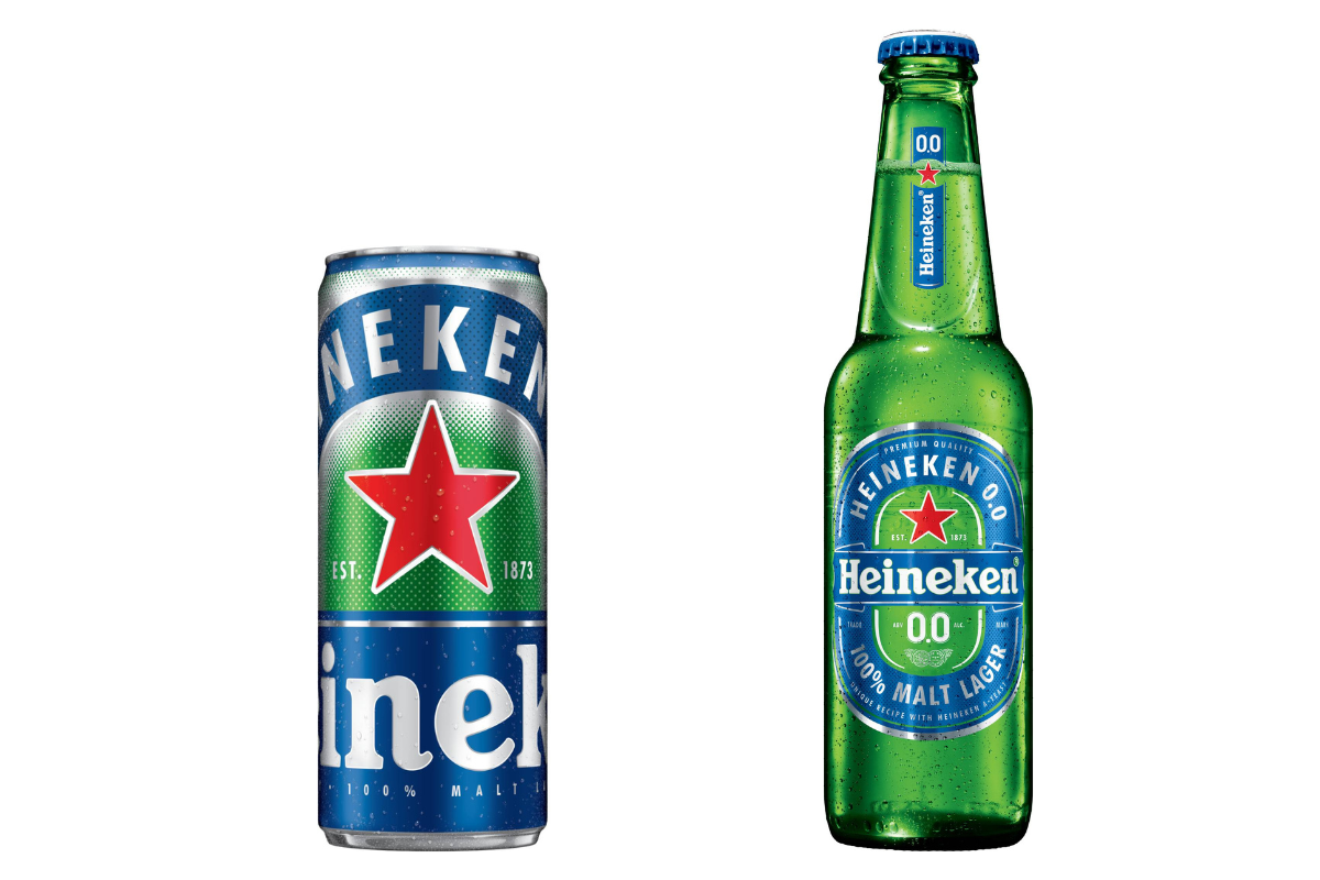鮮やかなブルーのパッケージカラーが特徴的な「Heineken 0.0」330mlスリーク缶(オープン価格)、330mlロングネックびん(オープン価格)