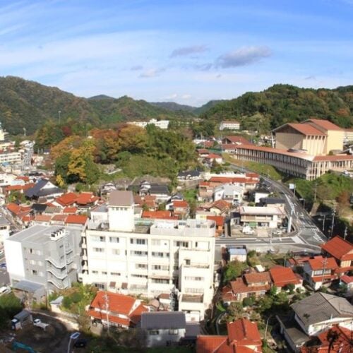 島根県川本町の市街地の風景。公共機関や金融機関、医療施設や教育施設が徒歩圏内にまとまっている。