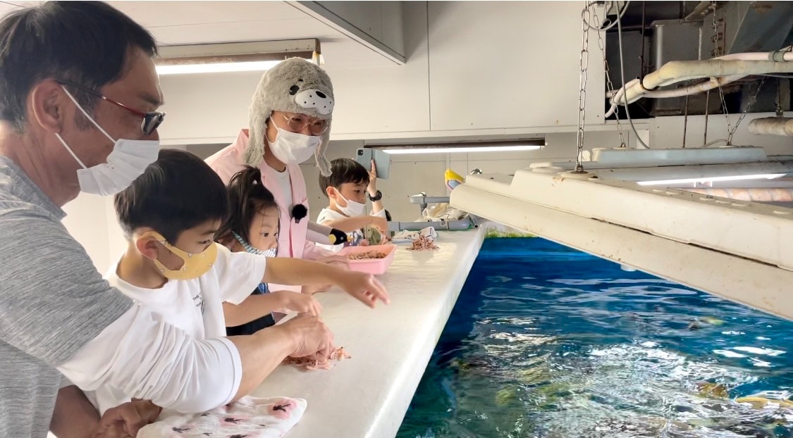 岡山県住みます芸人【江西あきよし】水族館の裏側をまわるツアーの様子です。