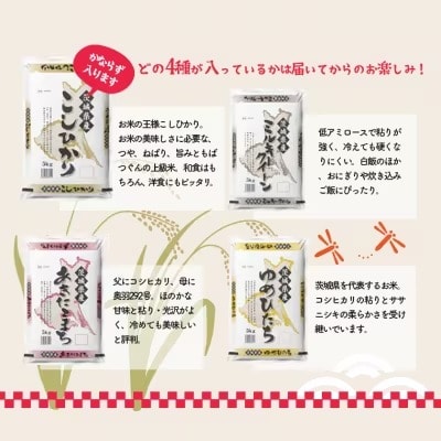 定番の「コシヒカリ」と3種の銘柄米（いずれも茨城県産）の4種の味わいを楽しめます！
