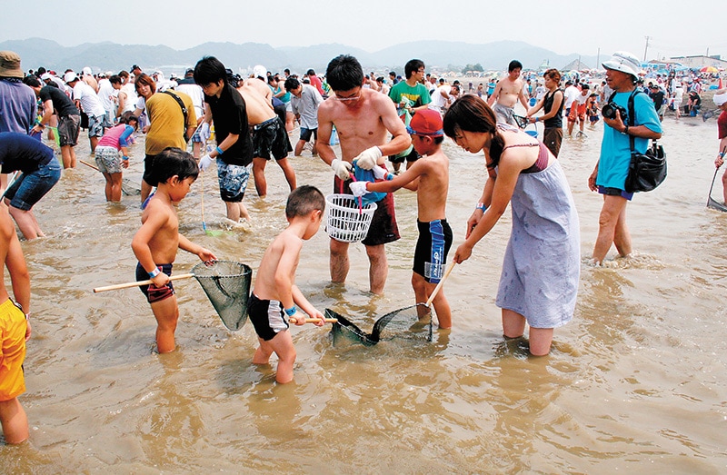 千葉県南房総市南房総冨浦アジすくい。遠浅の砂浜に網を張り、そこに放流したアジをすくう、富浦地区で開催される親子連れに人気のイベントです。
