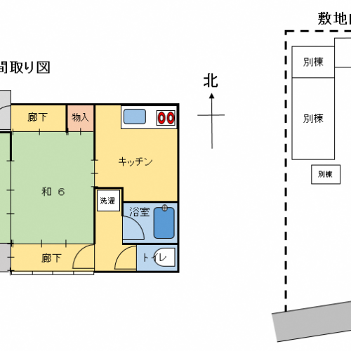 高知県香美市の物件の間取りは6帖の和室2部屋とキッチンからなる2K。駐車場は別途費用で1台分使用できます。