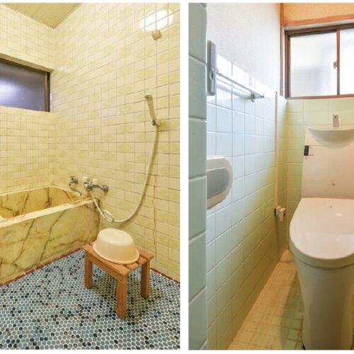 愛媛県宇和島市の物件の水回り。左／大理石調の浴槽を据えた浴室は灯油ボイラーを使用。お湯張り機能付き。右／トイレは洋式の水洗（浄化槽）。明るい内装で快適に使える。