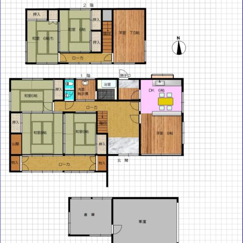 兵庫県佐用町の物件の間取り図です。7LDKの大きな木造2階建てです。