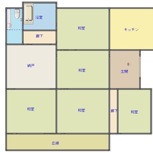 5部屋の和室と1つの納戸、キッチン、浴室、トイレで構成された5SK。庭に面した広縁もある。