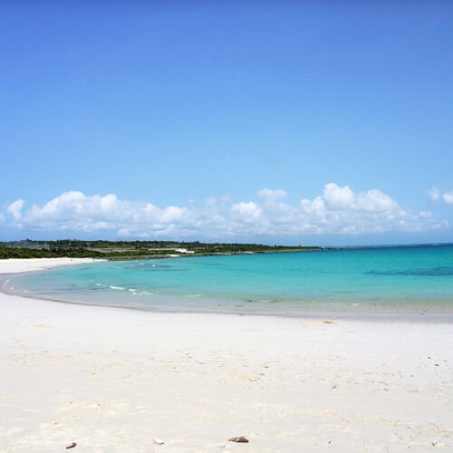伊良部島の南側の「渡口の浜」は、長さ約800ｍ、幅約50ｍの緩やかな弓状の形をした浜辺で、きめ細やかで真っ白な砂浜が魅力的です。