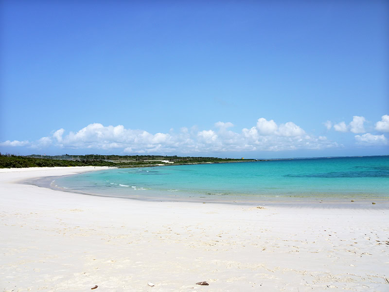 伊良部島の南側の「渡口の浜」は、長さ約800ｍ、幅約50ｍの緩やかな弓状の形をした浜辺で、きめ細やかで真っ白な砂浜が魅力的です。