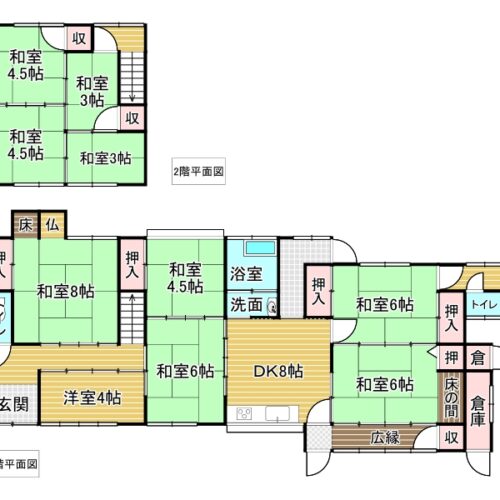 山口県柳井市の物件の間取りは10DKと部屋数が多いので、ファミリーにおすすめです。築64年ですが、状態が良く、ほぼ補修不要で生活をスタートできます。