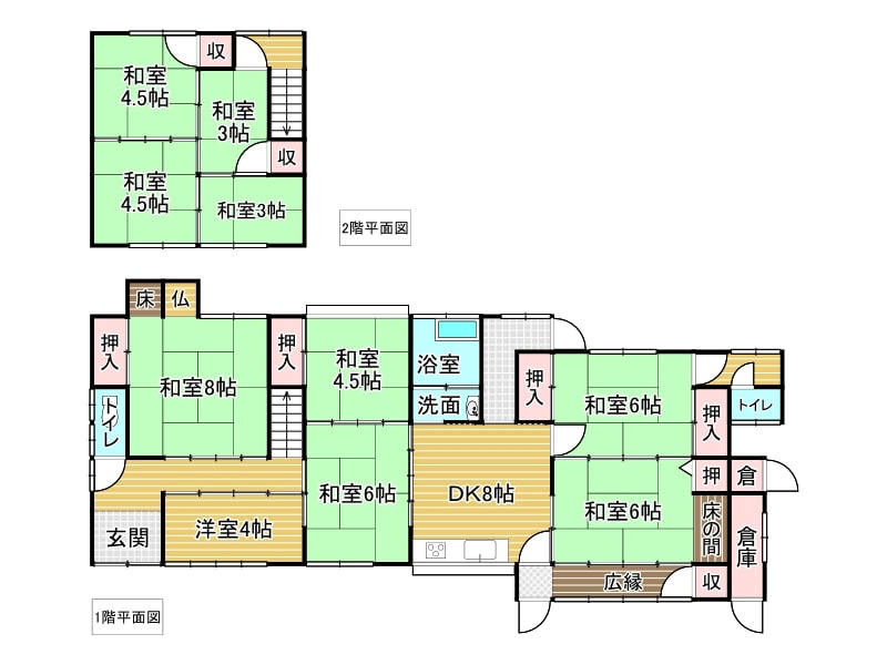 山口県柳井市の物件の間取りは10DKと部屋数が多いので、ファミリーにおすすめです。築64年ですが、状態が良く、ほぼ補修不要で生活をスタートできます。