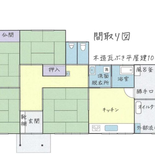 秋田県由利本荘市の物件の間取りは、ダイニングキッチンと4室の和室からなる木造平屋の4DKです。南・西に採光面があり、日当たりが良いのも魅力です。