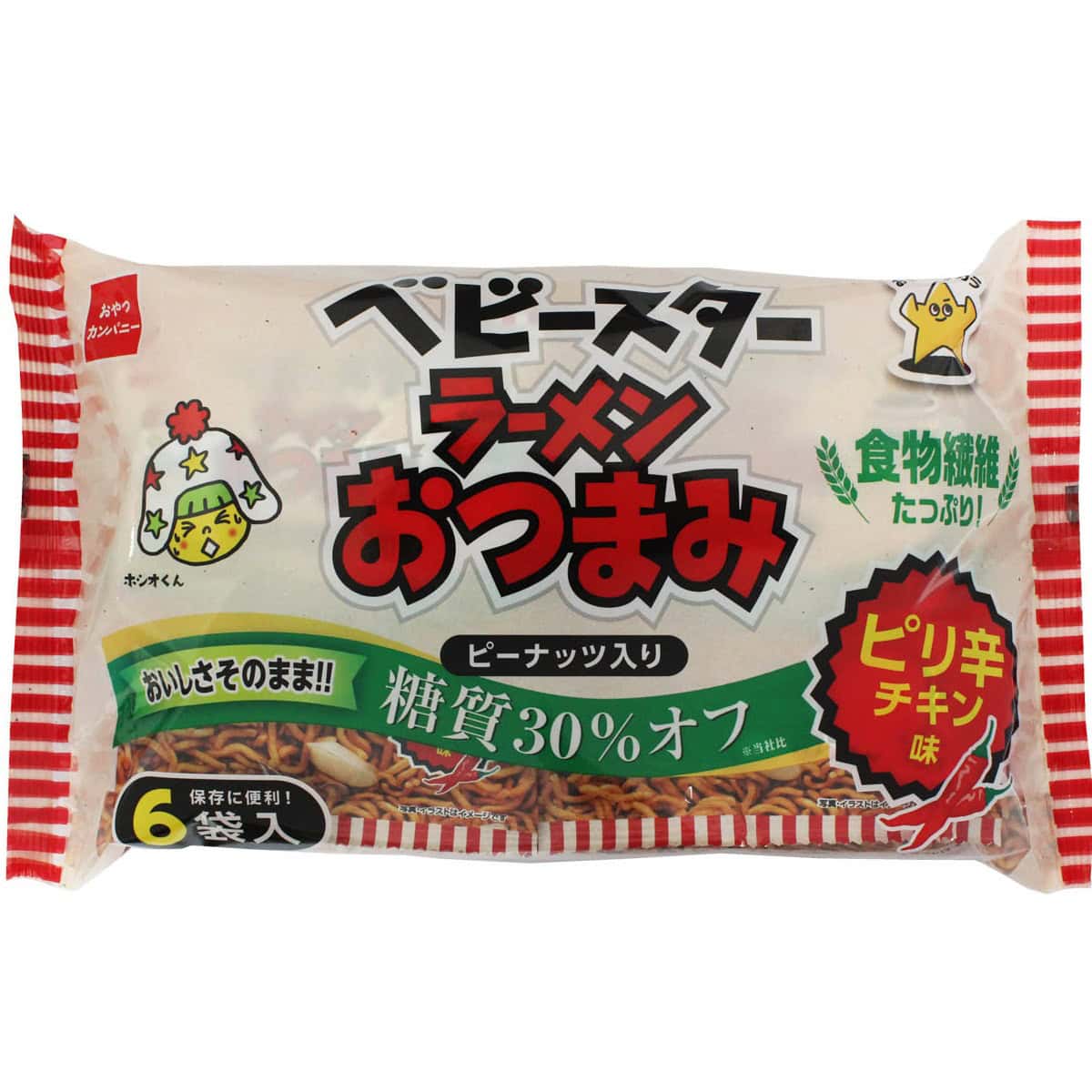 おやつカンパニーからは「糖質30%オフ　ベビースターラーメンおつまみ（ピリ辛チキン味）」が登場。ピリ辛味で手が止まらなくなること間違いないものの、個包装なので、うっかりと食べ過ぎてしまうことを防ぐことができます。1袋あたりもわずか87Kcal、糖質も6.4gと罪悪感なく食べれることもうれしいポイントです。