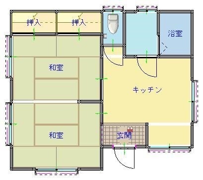 茨城県稲敷市の物件の間取りはキッチンと2間の和室からなるコンパクトな2DKです。空き家歴が14年と長いので、大幅な改修が必要な物件です。上水道が接続されていないので前面道路の本管からの接続工事も必要になります。