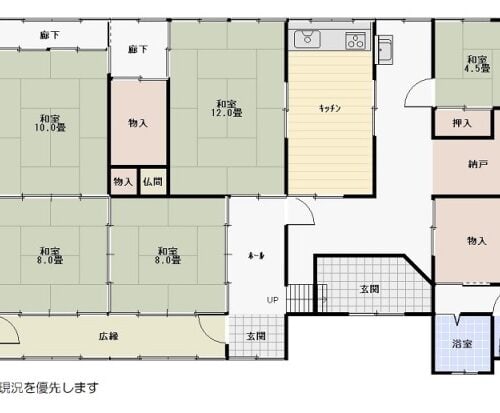 長野県長野市の物件の間取りは木造平屋の5DK。各居室が十分な広さがあります。