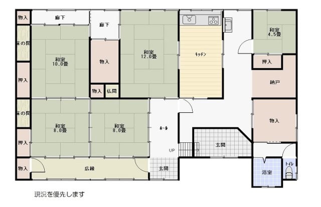 長野県長野市の物件の間取りは木造平屋の5DK。各居室が十分な広さがあります。