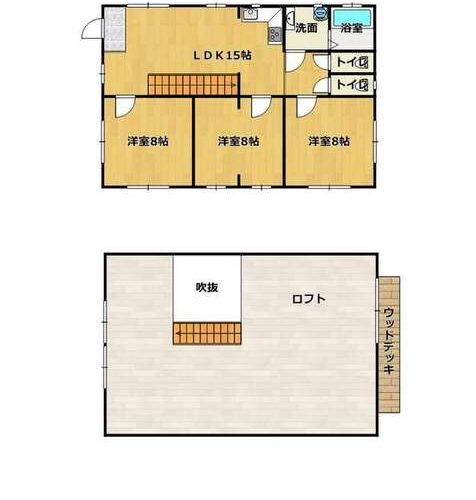 和歌山県広川町の物件の間取りです。1階に15帖のリビング・ダイニングと8帖の洋室が3つ、2階にロフトがある3LDKで、家庭菜園にすることもできる庭と、1台分の駐車スペースがあります。