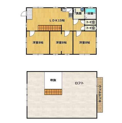 和歌山県広川町の物件の間取りです。1階に15帖のリビング・ダイニングと8帖の洋室が3つ、2階にロフトがある3LDKで、家庭菜園にすることもできる庭と、1台分の駐車スペースがあります。