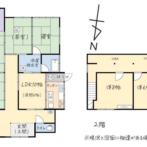 秋田県由利本荘市の物件の間取り図です。間取りは7LDK。築2年目に2階を増築したので、1階だけでも生活ができる間取りでありながら、2階に3室の洋室があり、ファミリーにもおすすめです。建物に隣接した約70坪の畑があり、本格的な家庭菜園がたのしめることも魅力です。