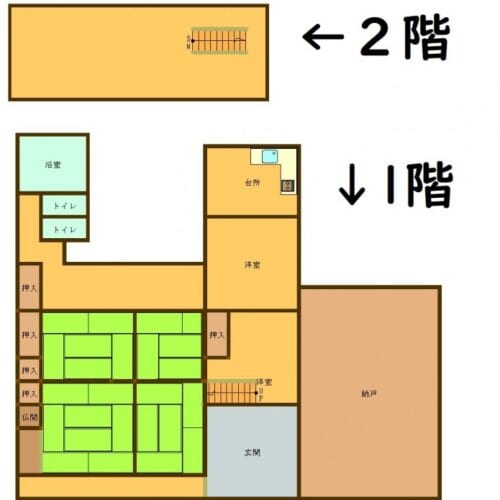 大分県豊後高田市の物件の間取り図です。間取りは6Kです。1Fには4間の和室と、キッチンに隣接した洋室が1部屋、広い納戸があります。2階は仕切りのない広い洋室になっています。