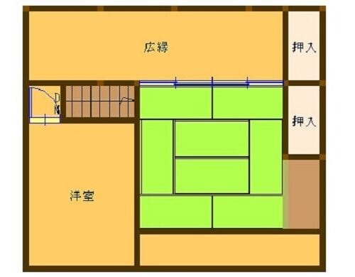 大分県豊後高田市の物件の2階の間取り図です。2階には和室1間と洋室1間があります。1階、2階の両方に広縁があるのですが、特に2階の広縁はかなり広々としたスペース。リモートワークに使ったり、ファミリークローゼットにするなど、色んな使い方ができそうです。