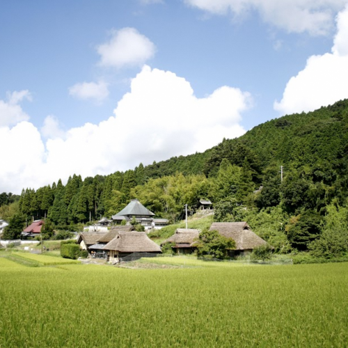 岡山県備前市の北部にある吉永エリアには、童謡を口ずさみたくなるような日本の原風景が広がっています。八塔寺山（はっとうじさん）へ続くつづら折りの坂道を登っていくと視界が開け、かやぶきの農家が点在するどこか懐かしい景色が現れます。近くには、八塔寺ふるさと館や宿泊施設があり、自然の中でゆったりと充実の時間を過ごすことができます。