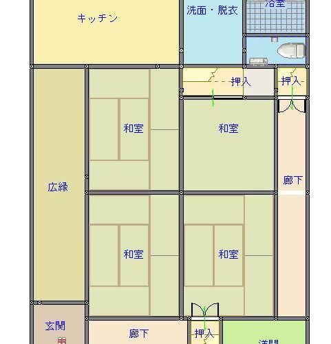 鹿児島県肝付町の物件の間取り図です。キッチンと4間の和室の木造平屋建ての物件です。