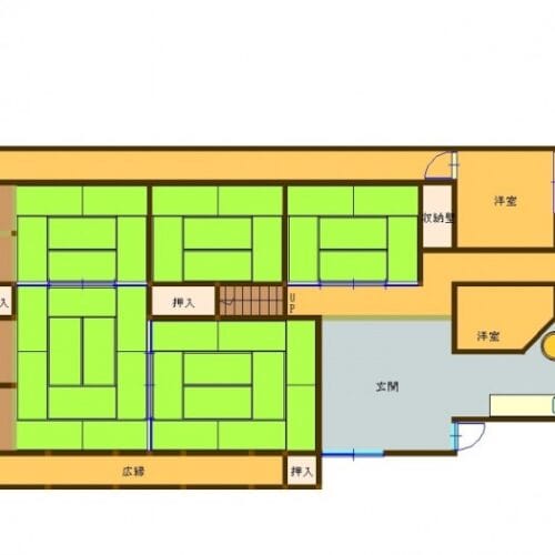 大分県豊後高田市の物件の1階の間取り図です。各居室の広さも十分な9K。1階には和室5間と洋室2間があります。