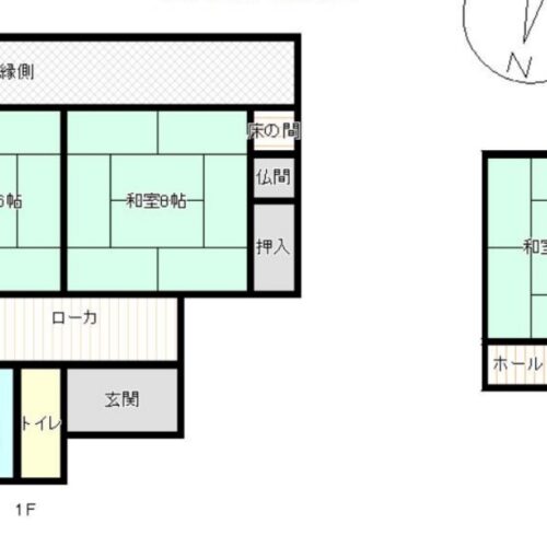 大分県宇佐市の物件の間取り図です。1階に3間の和室、2階に2間の和室がある、5DKの木造2階建てです。