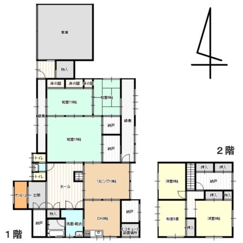 新潟県糸魚川市の物件の間取り図です。6LDKで、古き良き日本の田舎の生活の雰囲気を味わうことができる、囲炉裏と薪ストーブがあることがこの物件の魅力です。一方で、2011年にリフォームがされており、室内はとてもきれいで補修不要。水回りなどの設備は最新、という理想的な物件です。