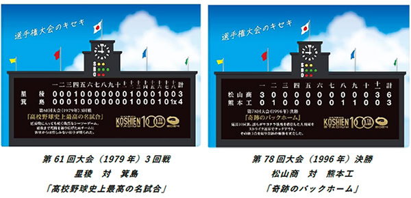 甲子園歴史館で開催中の企画展「選手権大会のキセキ特集」でSNS応募から選ばれた、第61回大会（1979年）3回戦 星稜 対 箕島「高校野球史上最高の名試合」と第78回大会（1996年）決勝 松山商 対 熊本工「奇跡のバックホーム」。