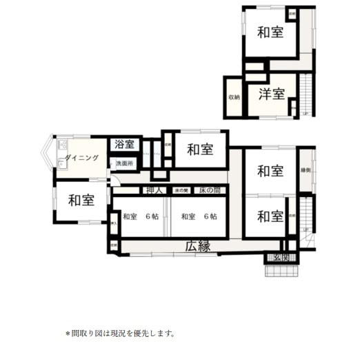 宮崎県西都市の物件の間取り図です。7DKで部屋数が多いので子育て世帯にもおすすめです。1階部分は平成5年に建て替えがされており、2階も築年数を感じる部分はあるものの傷んだ箇所は修繕されています。