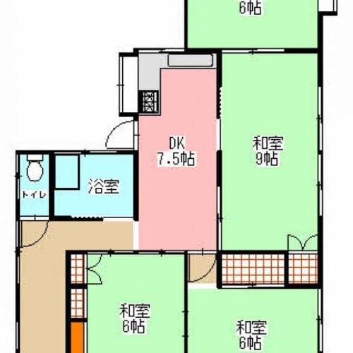 熊本県宇土市の物件の間取り図です。和室4部屋とダイニングキッチンがあり、家族が多くても悠々と過ごすことができます。