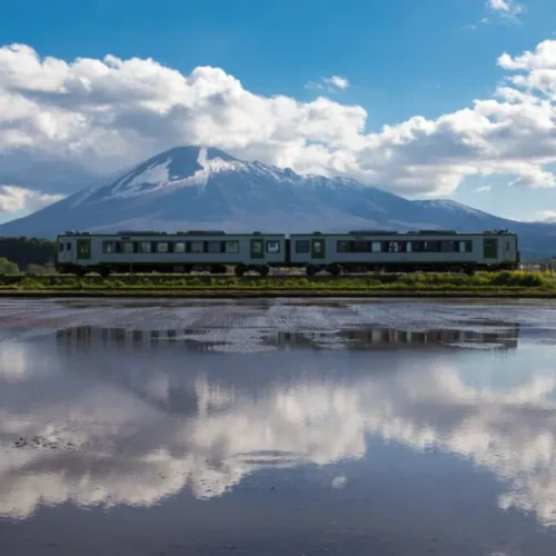 JR花輪線は、岩手県の好摩（こうま）駅から秋田県の大館（おおだて）駅までを結ぶ鉄道路線です。沿線には美しい自然が広がり、四季折々の風景が楽しめます。早春に八幡平市を通過する際には、車窓から、水入れが終わった田が鏡張りのように空を映す絶景が見られます。