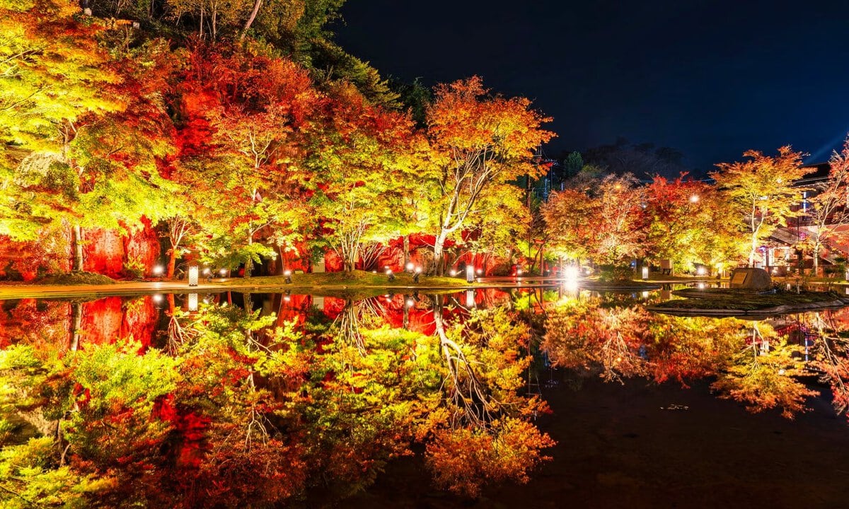 水面に映し出さる色鮮やかな紅葉の姿は、圧巻の美しさです。