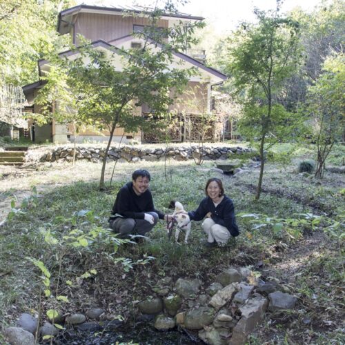 雑木林につながる庭。中央に設けた池には水生昆虫も棲みつく（栃木県益子町）