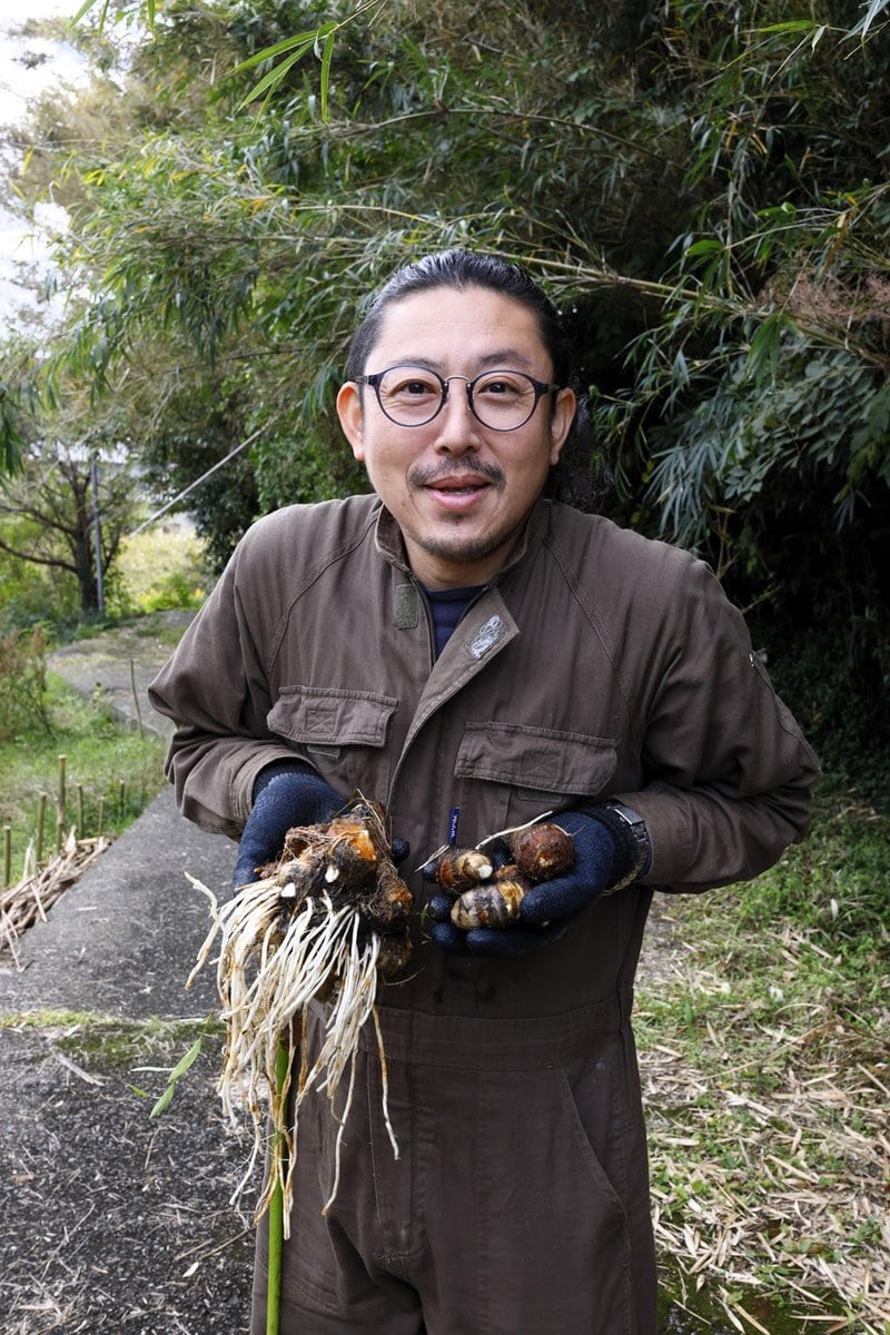 もとは水田だった畑ではサトイモが大きく育った。盛さん夫妻のこだわりは自然農。自分の手で栽培することで「自然の食べ物のおいしさに改めて気づきました」（大介さん）／千葉県館山市