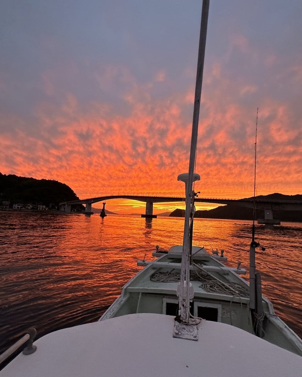ひじきの収穫期は、深夜に漁に出て、明け方に戻る日々。島暮らしは厳しいことも多いが、ここにしかないご褒美のような絶景が身近にある。