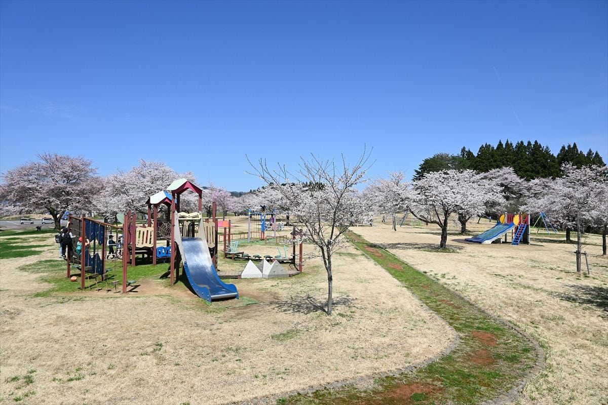 秋田県羽後町のアルカディア公園は広い芝生に遊具がり、親子連れにおおすすめ。