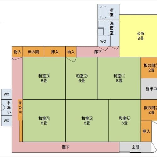広島県三次市の物件の間取り図。長い縁側が昔の趣。
