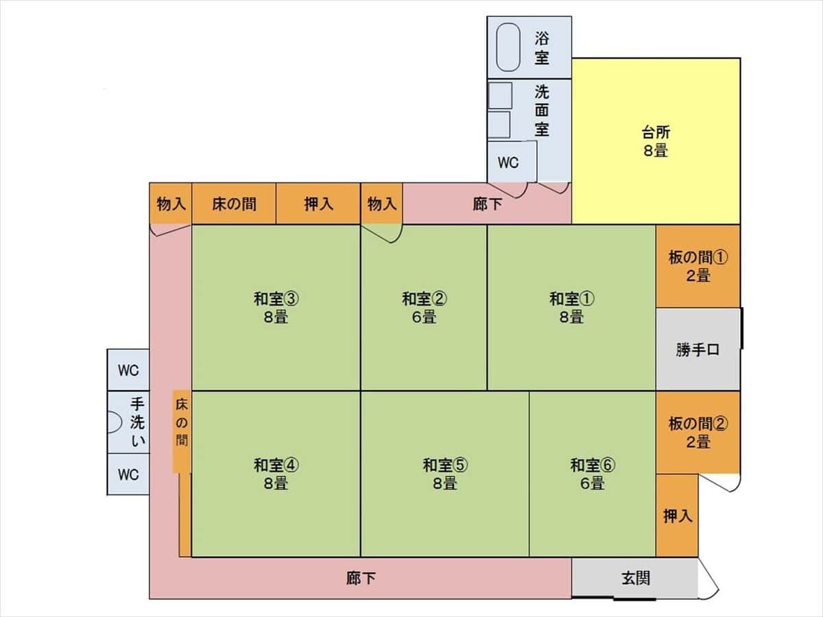 広島県三次市の物件の間取り図。長い縁側が昔の趣。