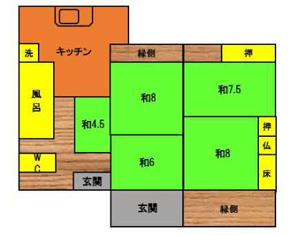 大分県杵築市の物件の間取り図。２つの玄関のうち、一つは勝手口として利用できそう。