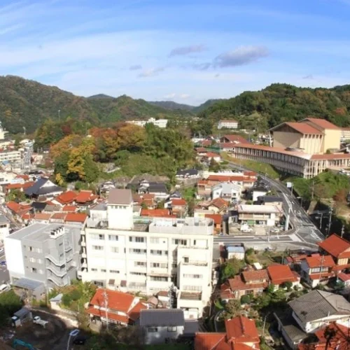 島根県川本町の市街地。公共機関や金融機関、医療施設や教育施設が徒歩圏内に集中しており、利便性がある。