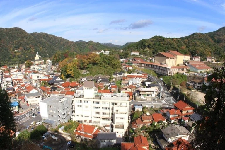 島根県川本町。山からみた市街地。公共機関や金融機関、医療施設や教育施設が徒歩圏内に集中しており、利便性がある。