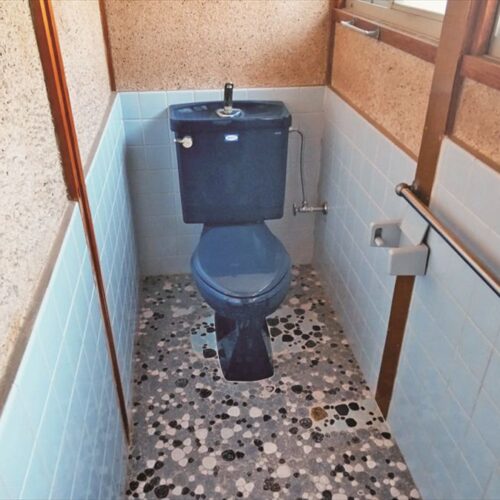 岡山県備前市の物件のトイレ。ブルーを基調とした落ち着きのあるデザイン。水洗なのもうれしいポイント。