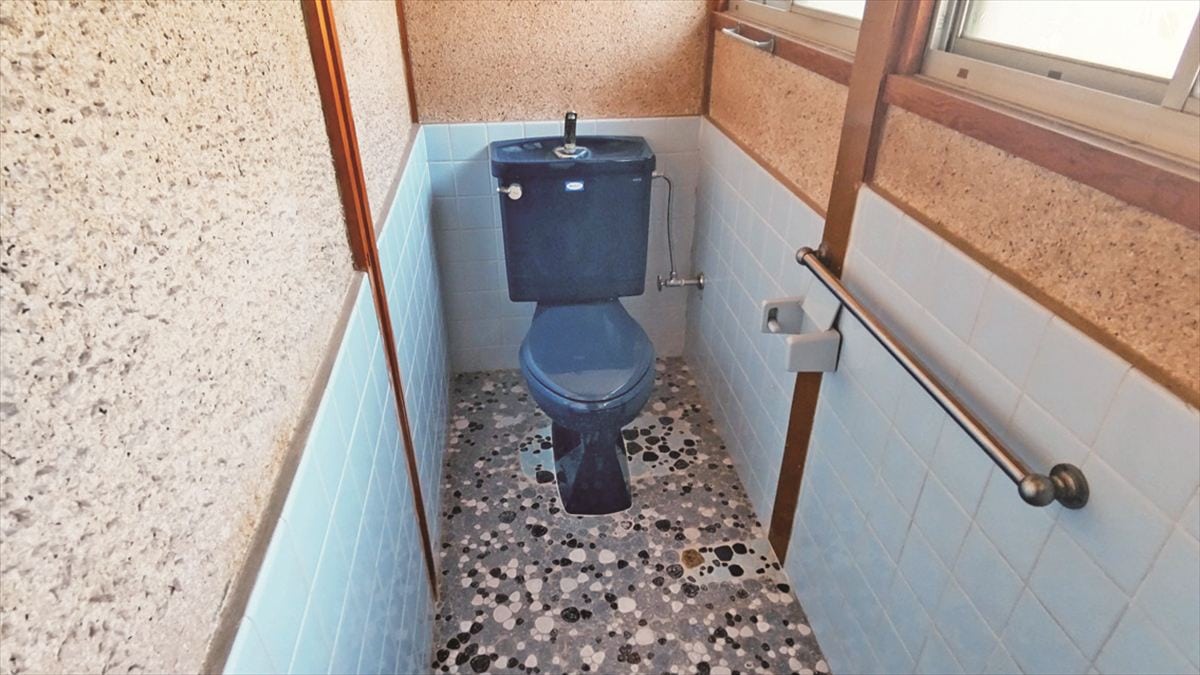 岡山県備前市の物件のトイレ。ブルーを基調とした落ち着きのあるデザイン。水洗なのもうれしいポイント。